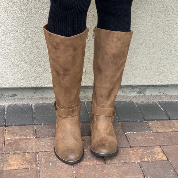 NIB Tan Burnished Toe Knee High Riding Flat Boots - Picture 3 of 7